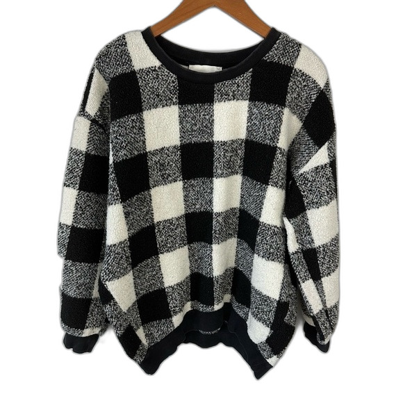 J.O.A. Black & White Buffalo Checkered Plaid Crew Neck Sweater Size Medium - Picture 3 of 16